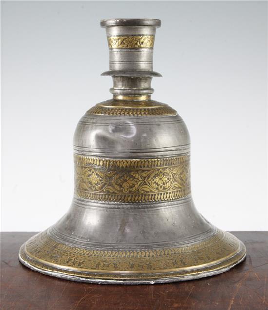 A large Indian pewter and brass bell shaped huqqa base, 18th / 19th century, 27cm